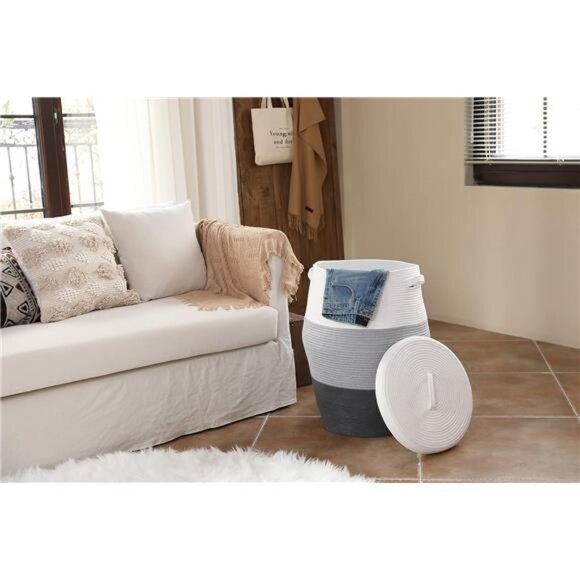 26" x 20" Tall Extra Large Storage Basket with Lid, Cotton Rope Storage - Picture 3 of 7